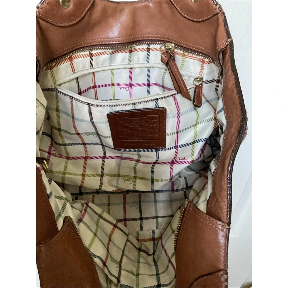 VINTAGE COACH Legacy Signature Bleecker Tote Tan Brown Leather/ Brass/Tattersall